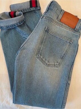 Gucci Light Blue Men’s Straight Jeans with Signature Web Trim